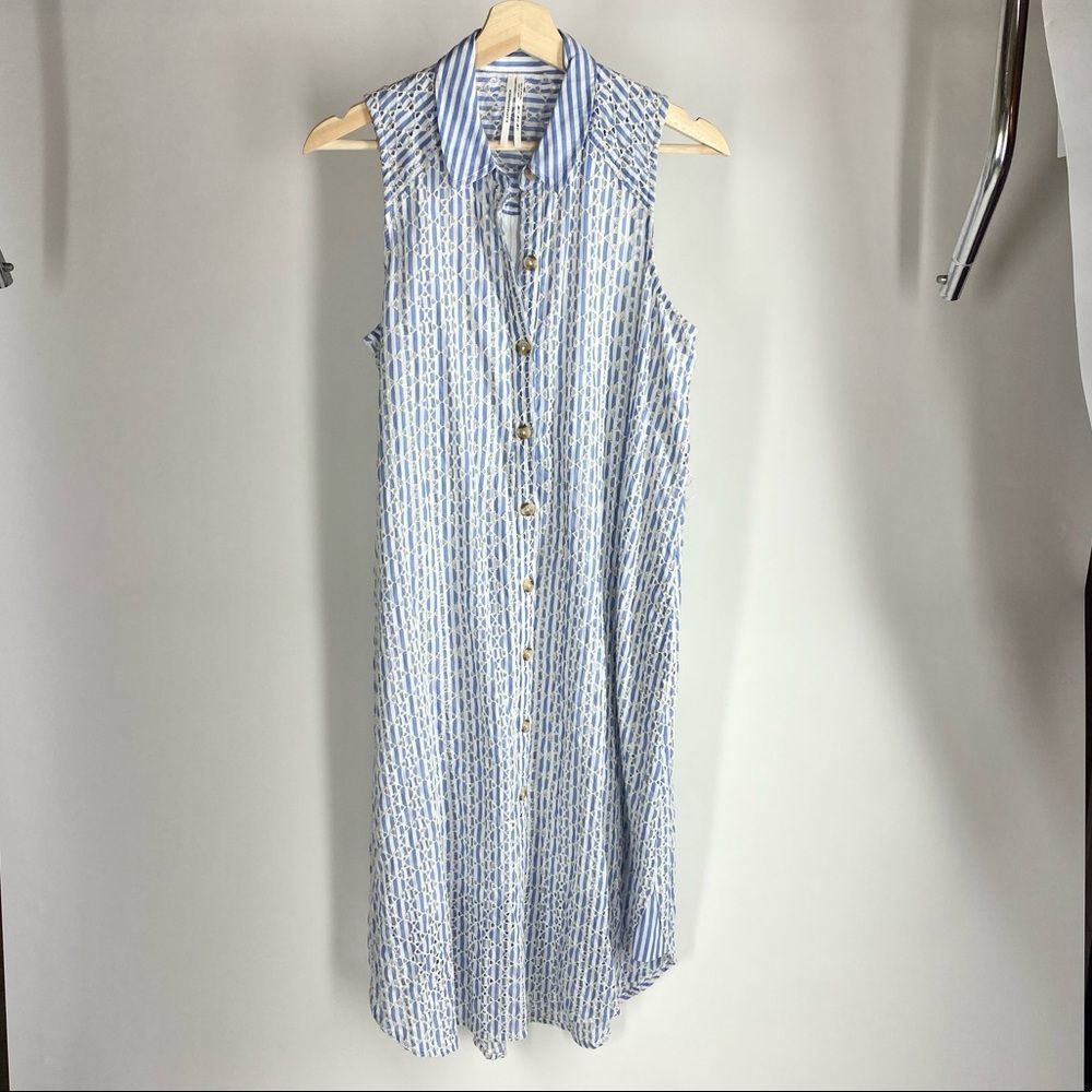 Anthropologie kismet blue and white eyelet stripe shirt dress 4P